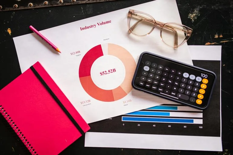 Stock photo of business charts, calculator, and eyeglasses on a desk.