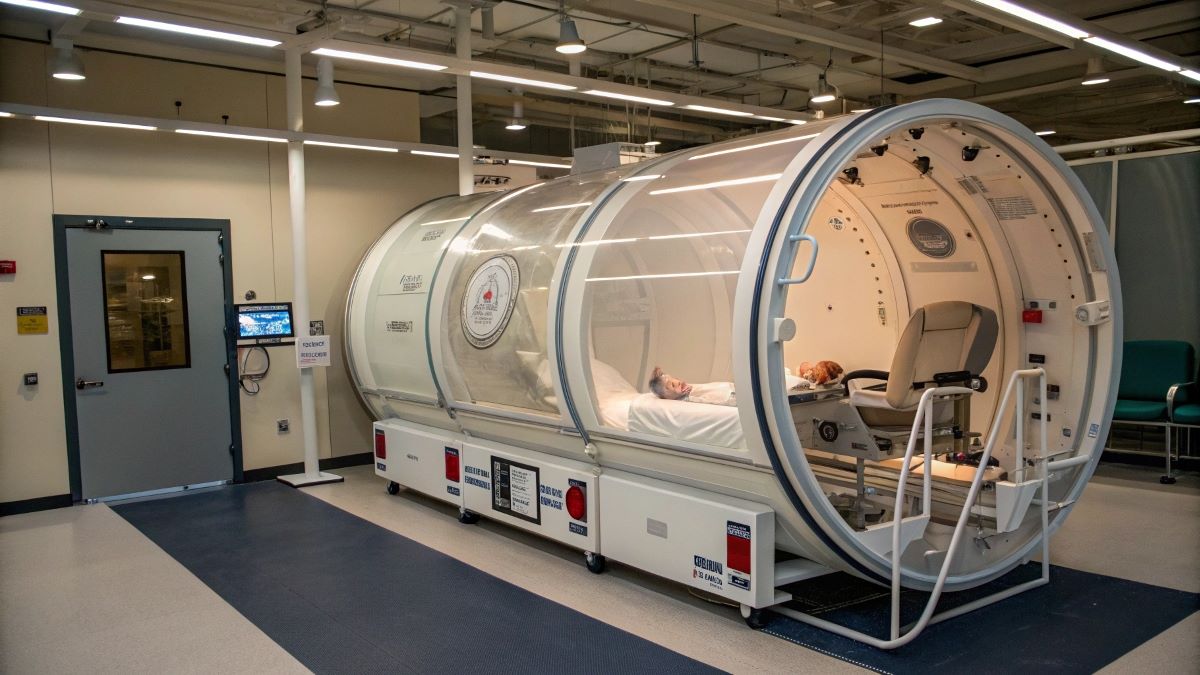 A Hyperbaric Oxygen Therapy chamber in a medical facility