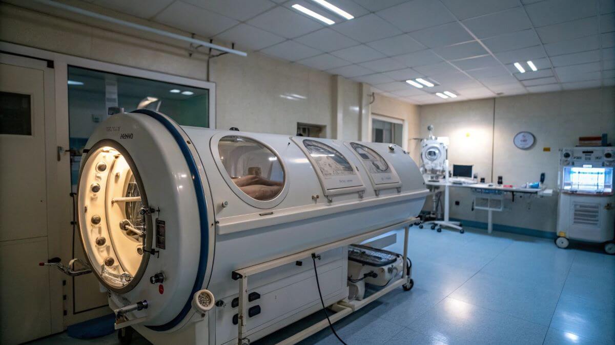 a large white hyperbaric oxygen therapy chamber in a medical room