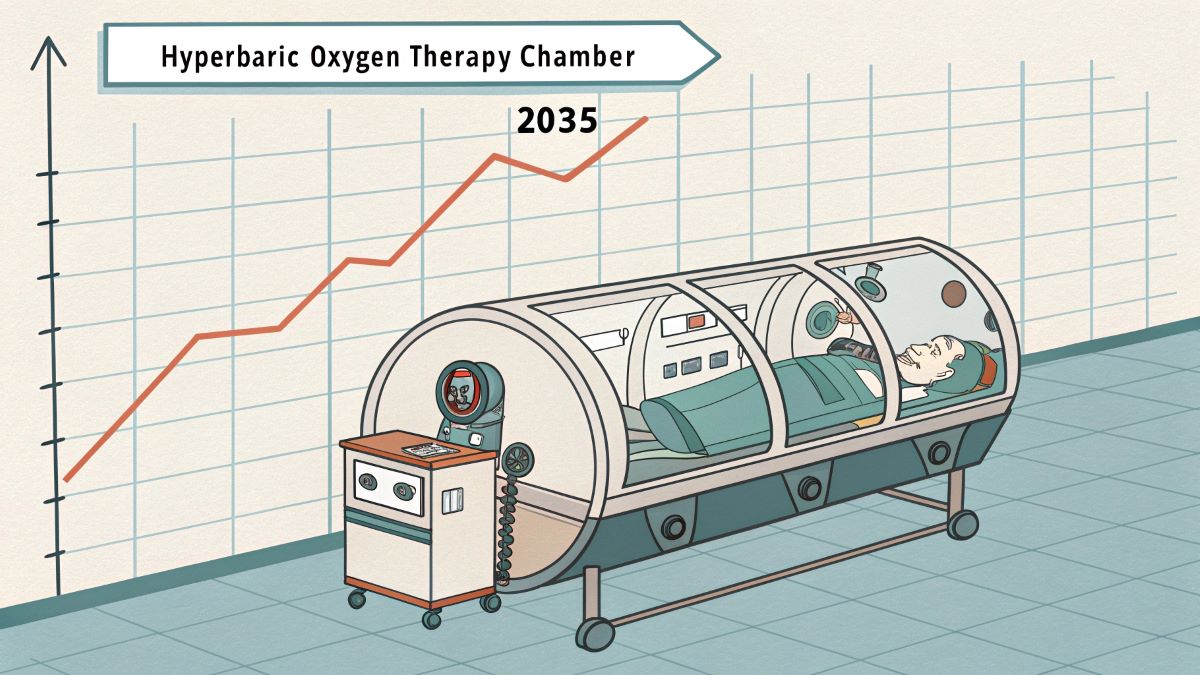 An illustration of a hyperbaric oxygen therapy chamber in front of a chart.