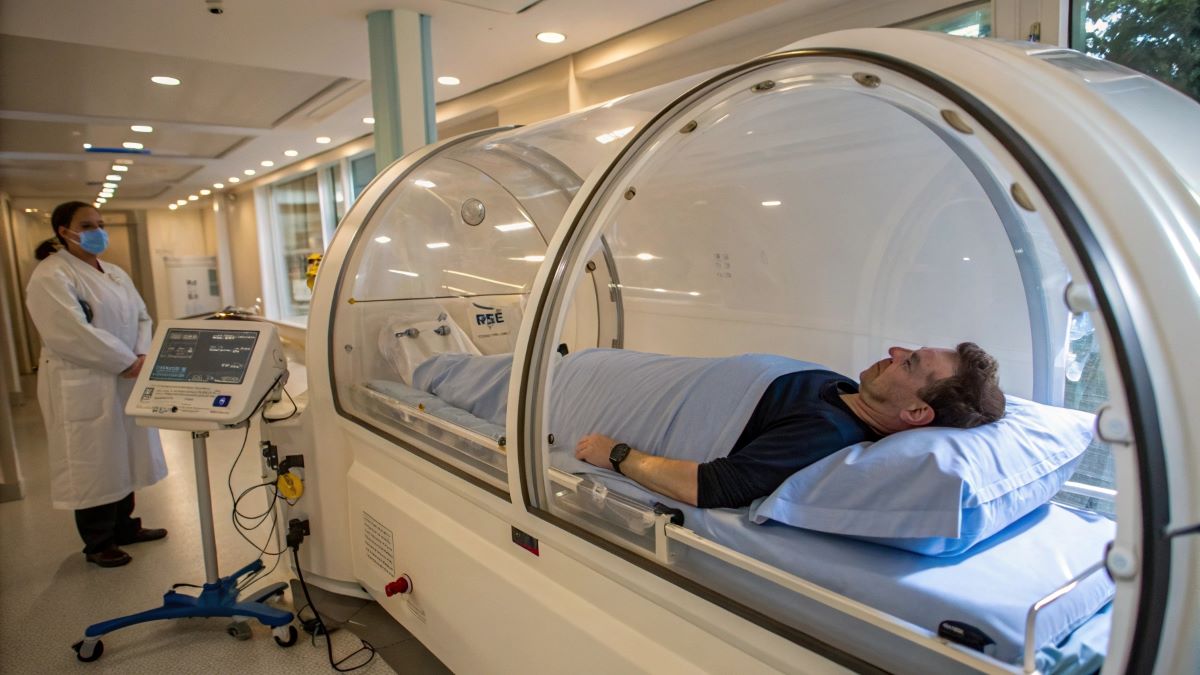 A man is laying inside a hyperbaric oxygen therapy chamber while a nurse is watching.