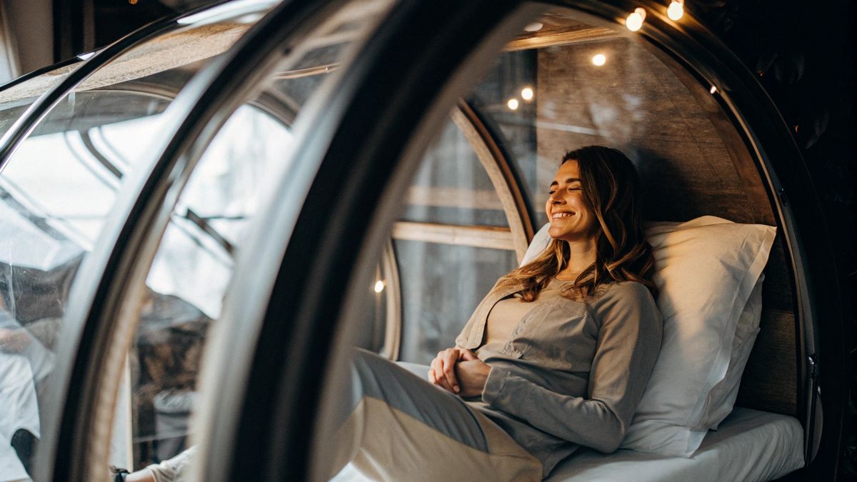 A woman lying in a hyperbaric oxygen therapy chamber.