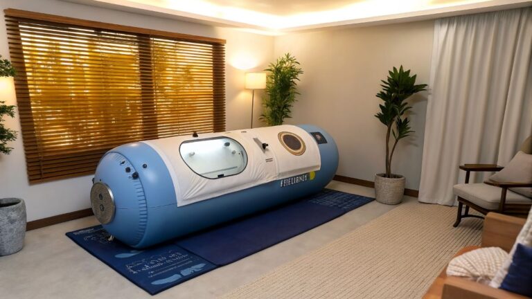 A Hyperbaric oxygen therapy chamber for home in a living room.