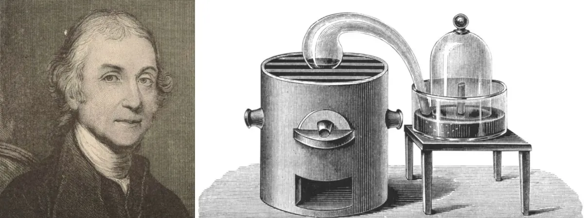 Portrait of Joseph Priestley and his instrument focusing sunlight on a sample of mercuric oxide in an inverted glass container.