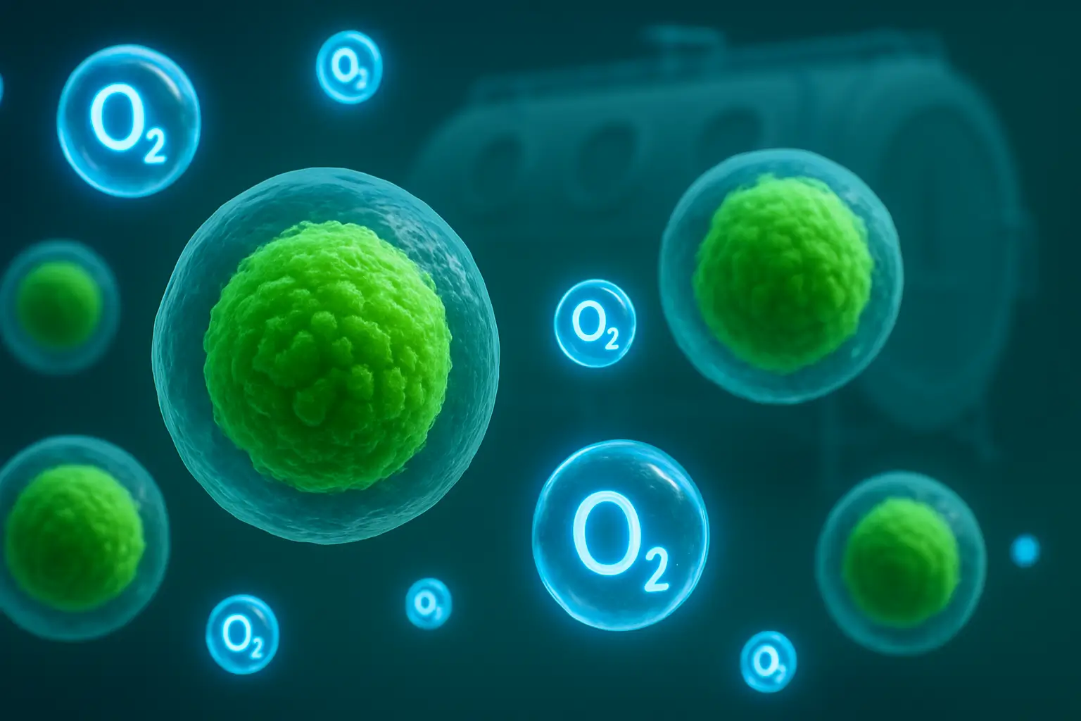 Microscopic cellular view showing oxygen molecules penetrating cells