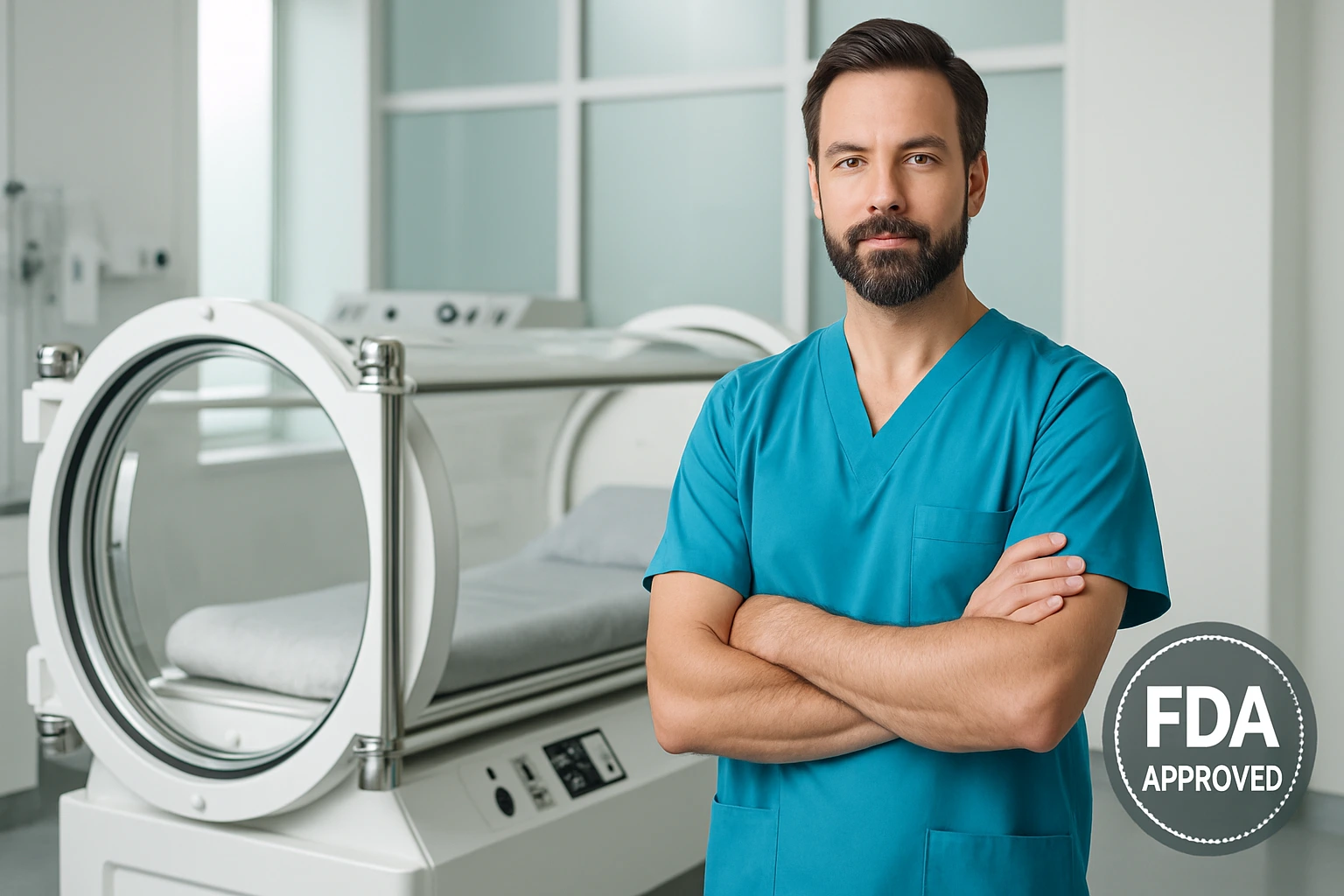 A Medical professional with HBOT chamber and FDA approval symbol.