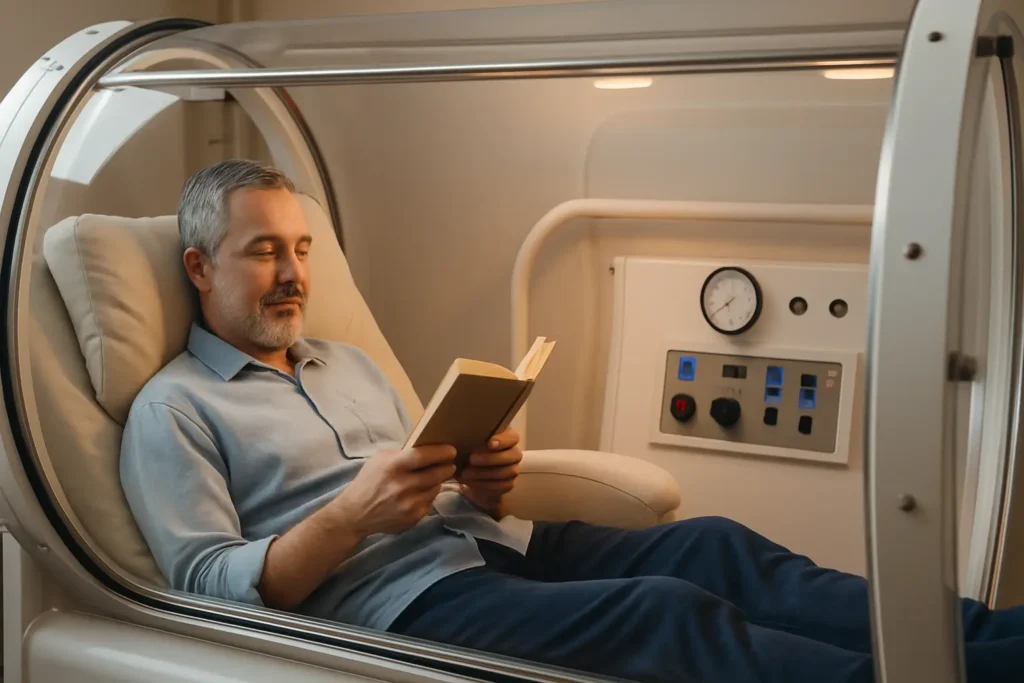 Comfortable patient inside modern hyperbaric chamber
