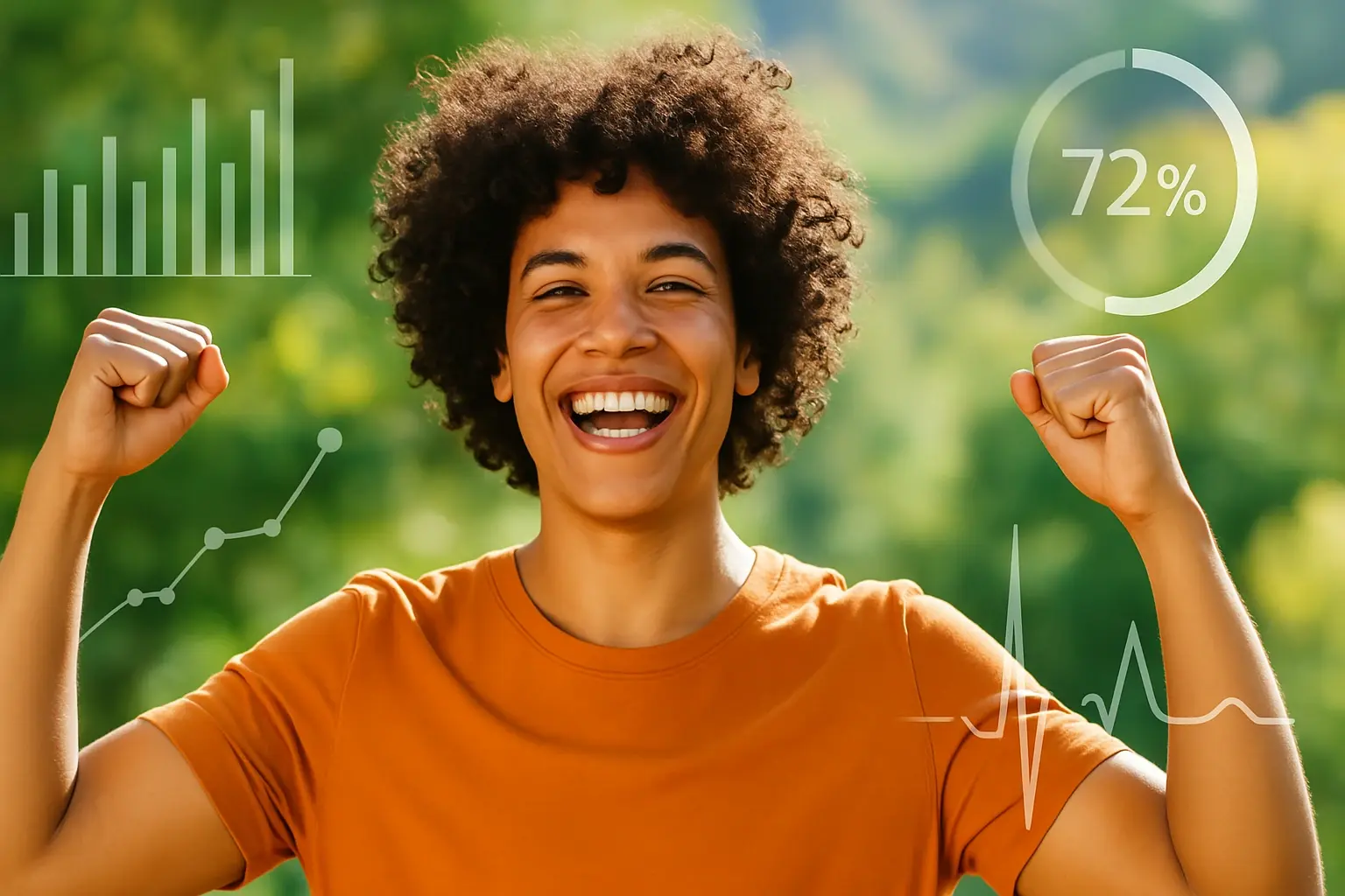 Person showing vitality and energy with scientific data overlays.