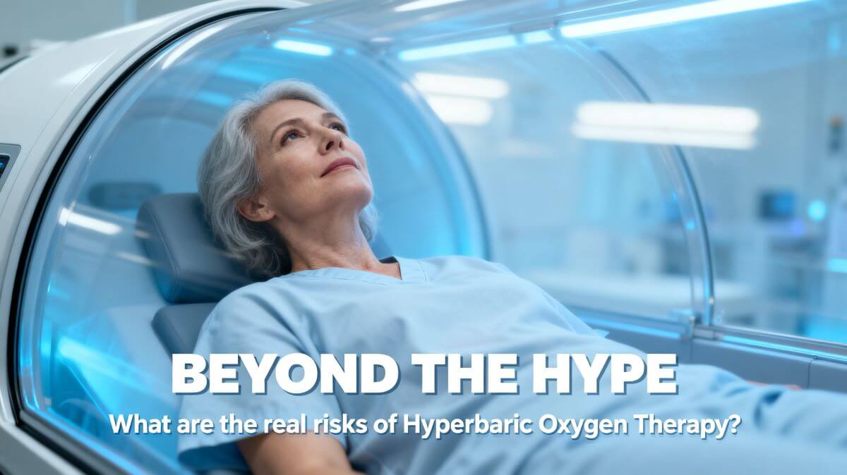 A woman laying in a hyperbaric oxygen therapy chamber. The image writes "Byeond the hype".