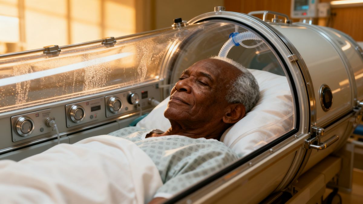 Black elder man laying in an HBOT chamber