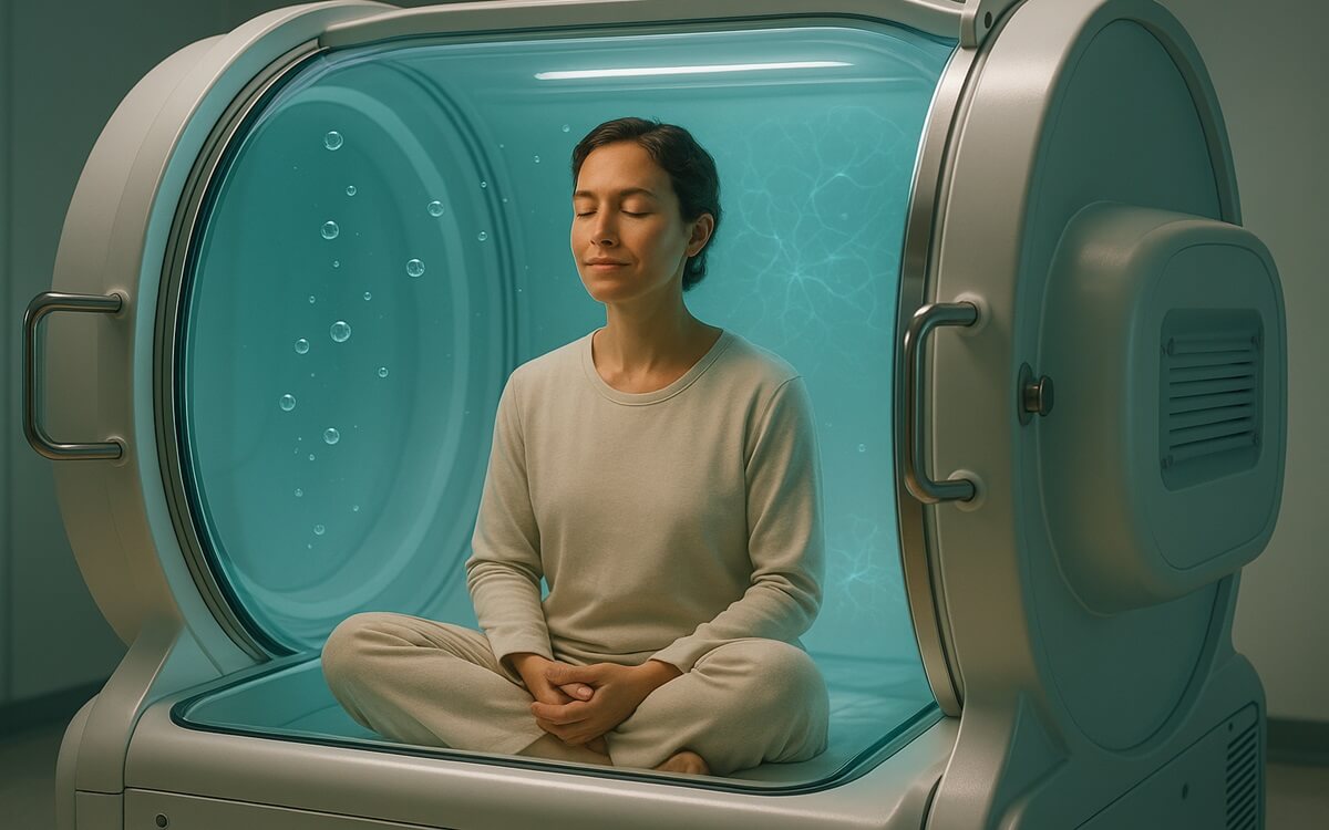Person meditating peacefully inside glowing hyperbaric oxygen chamber with healing blue light