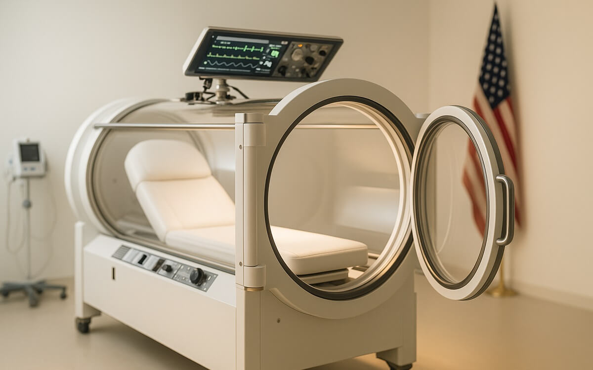 Modern hyperbaric oxygen chamber in medical facility with American flag, representing veteran care
