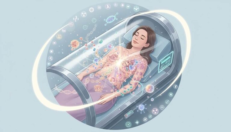 Medical Illustration of a woman with breast cancer laying in a hyperbaric oxygen therapy chamber