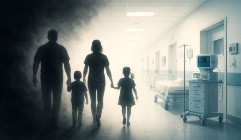A family of silhouettes walks from darkness into a bright hospital hallway, symbolizing recovery from carbon monoxide poisoning.