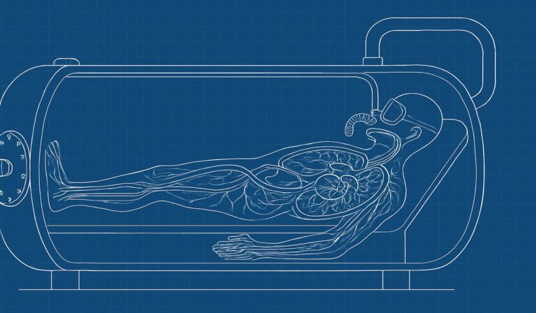 Blueprint of diver in hyperbaric chamber for DCS recovery.