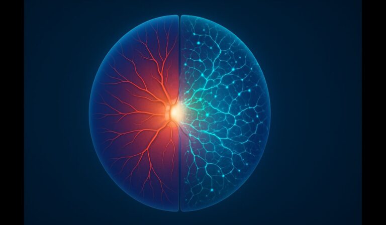 Medical illustration of a retina, showing normal and HBOT-altered sections, sparking curiosity.