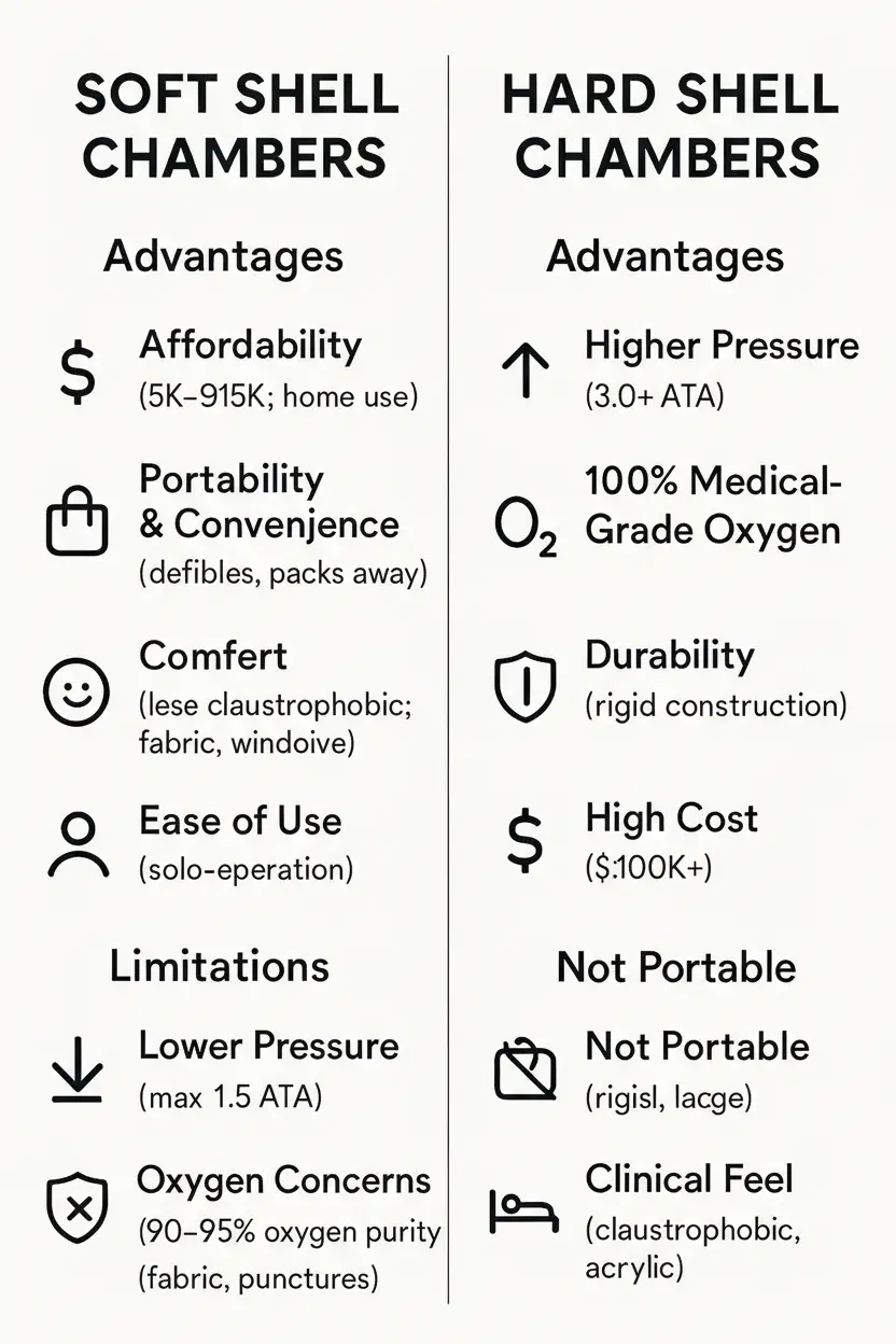 Infographic comparing soft shell and hard shell hyperbaric chambers, detailing their advantages and limitations for home and medical use.