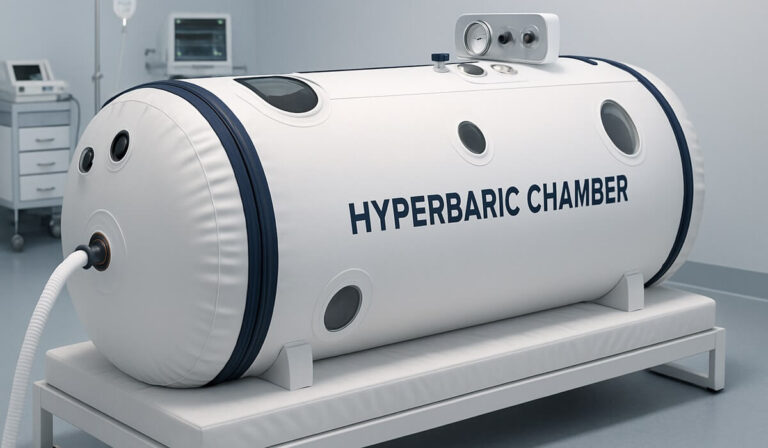Soft shell hyperbaric chamber in a modern medical setting, 16:9 aspect ratio.