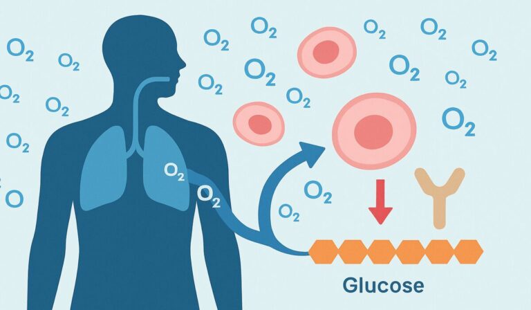 Medical illustration of oxygen impacting glucose and insulin pathways.