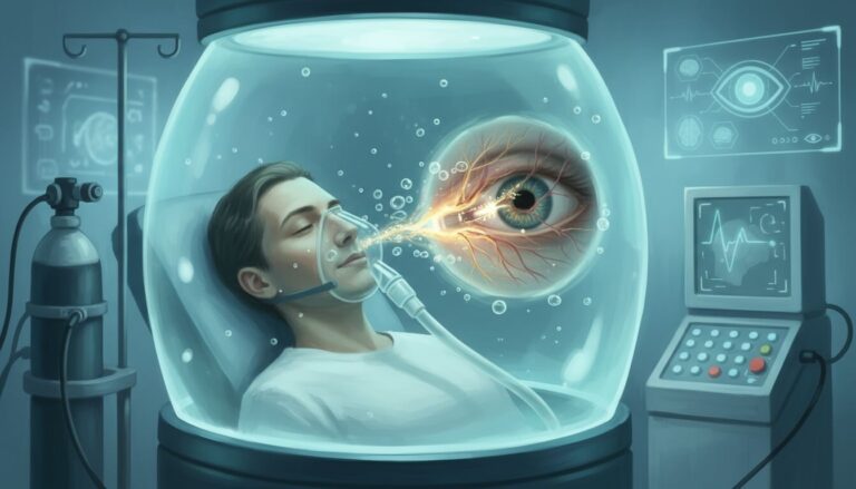 A medical illustration showing a man in an hbot chamber