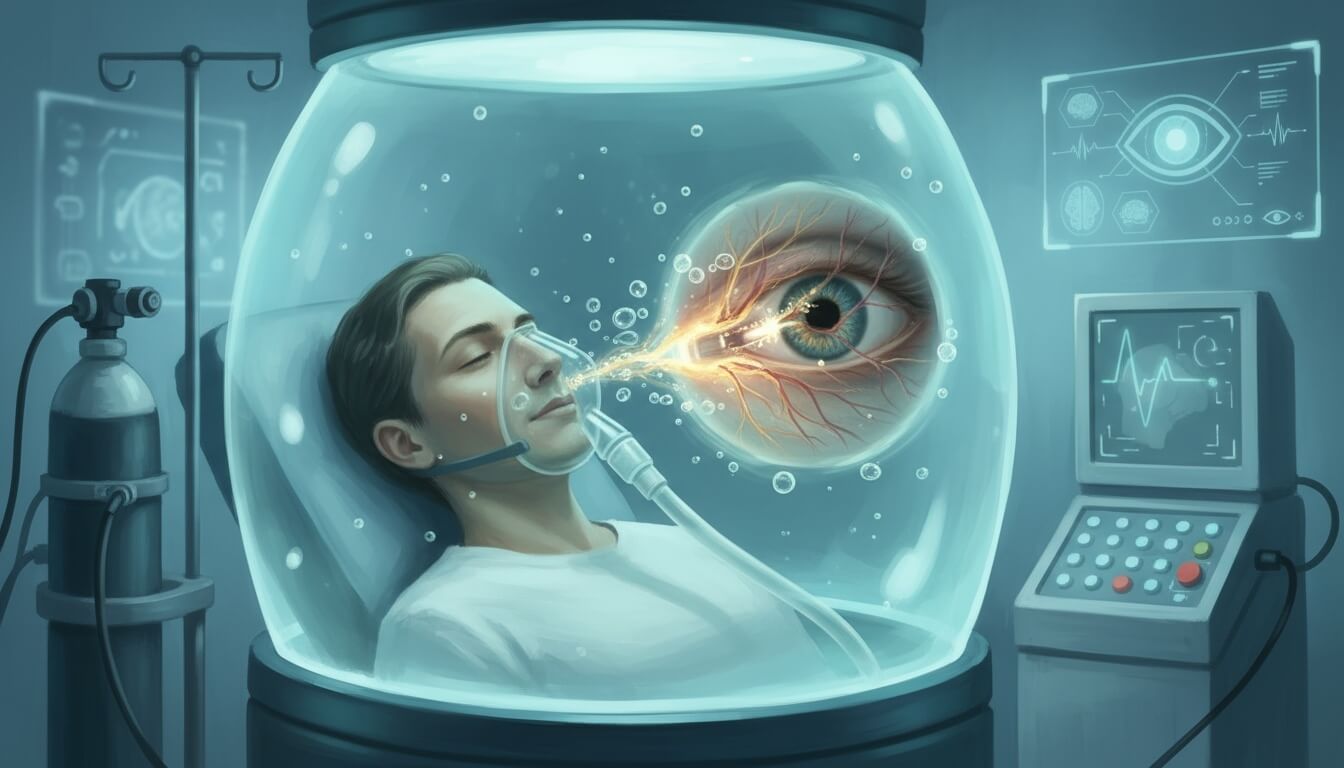 A medical illustration showing a man in an hbot chamber