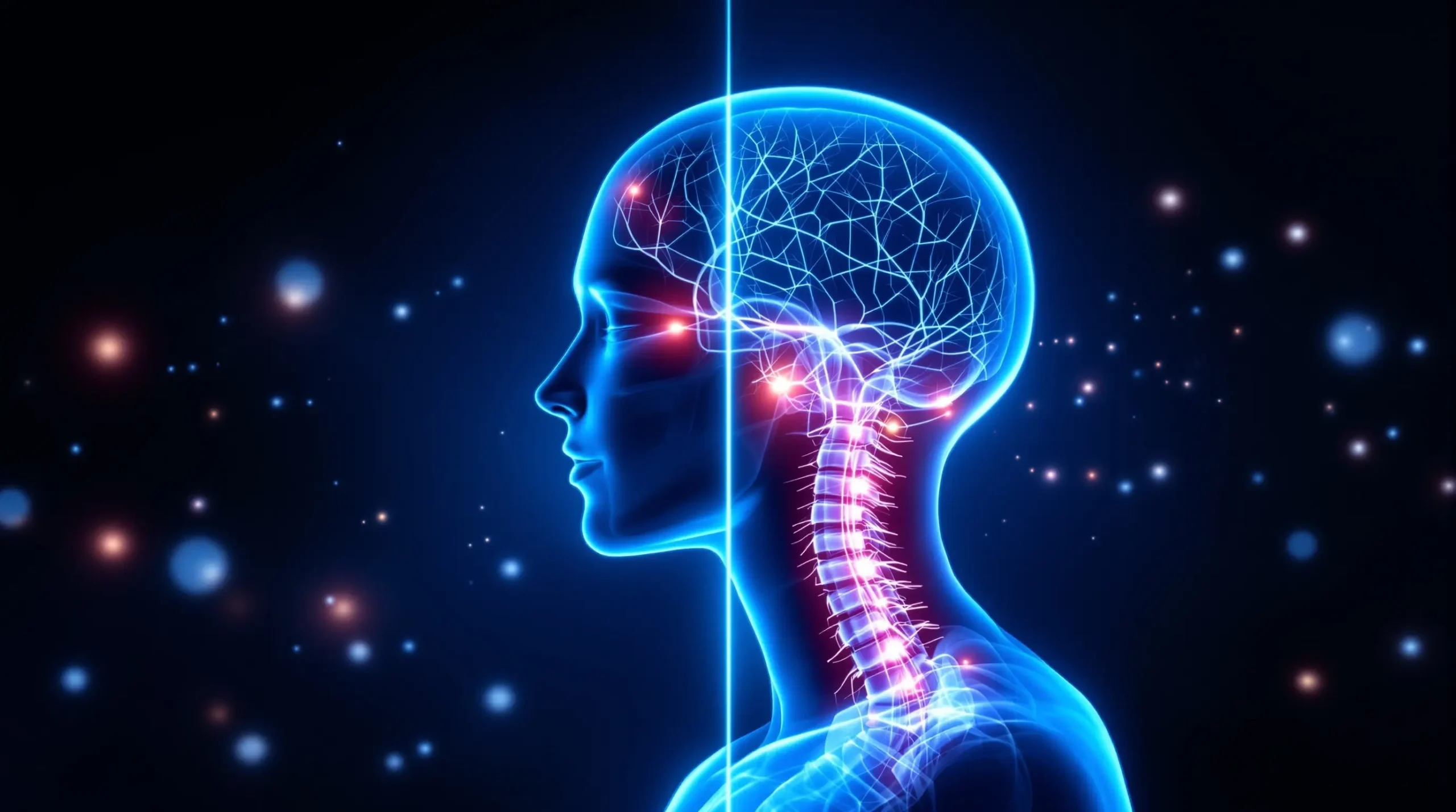 A medical illustration in X-ray radiographic style, displaying a transparent human head and spine silhouette with a glowing blue-white nervous system.