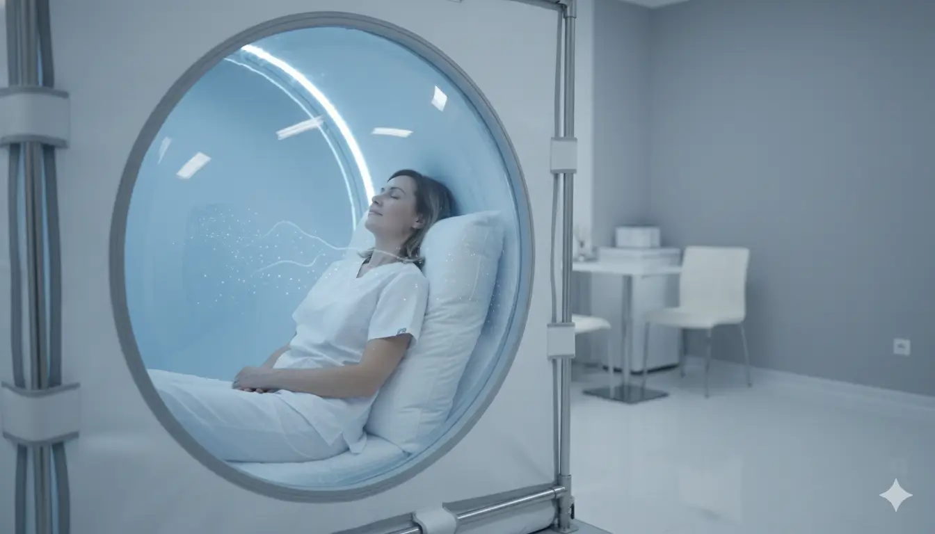 Person relaxing inside a modern soft-sided hyperbaric oxygen therapy chamber with clean medical-grade interior and soft blue lighting