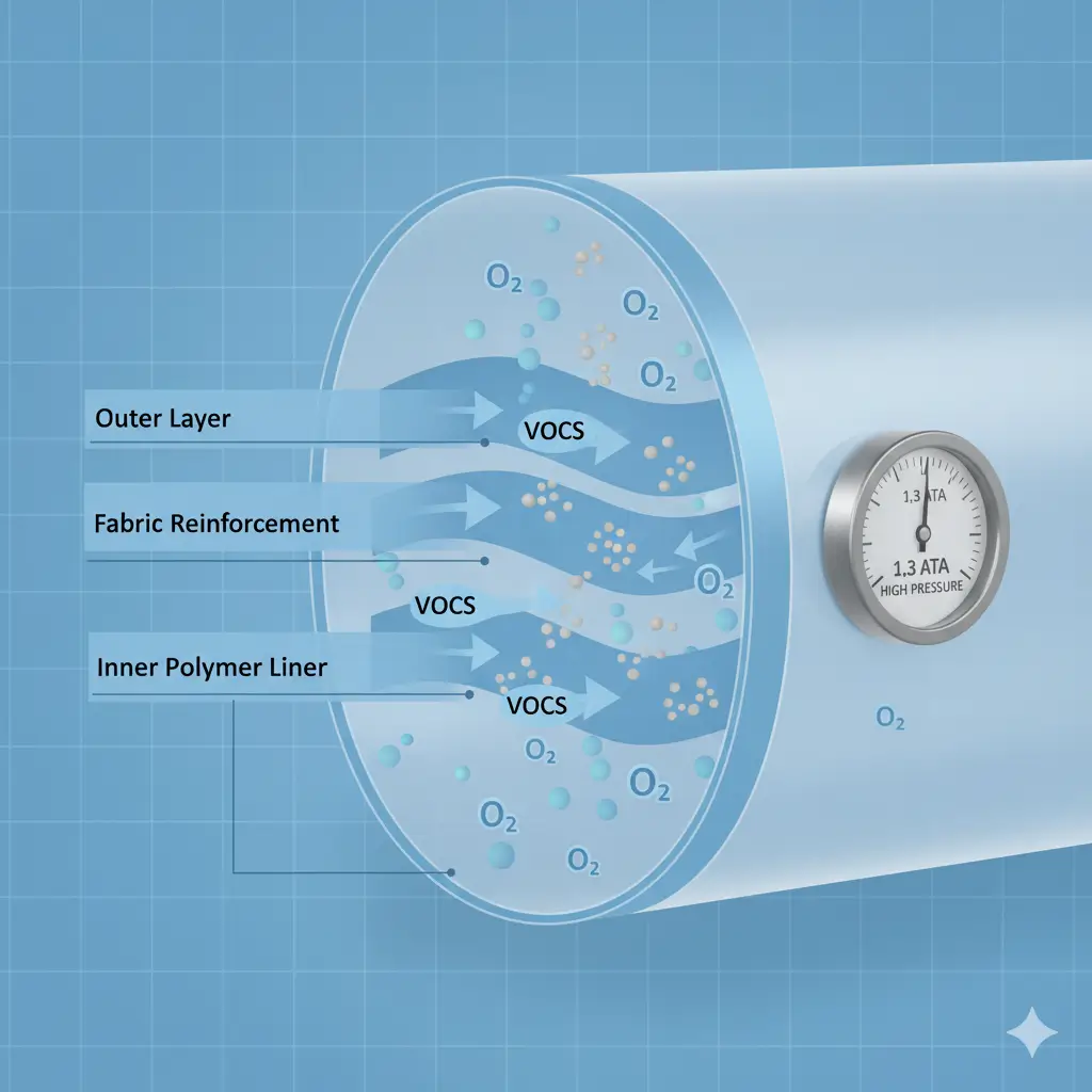 Cross-section diagram showing how volatile organic compounds off-gas from soft HBOT chamber walls into the interior breathing space under pressure