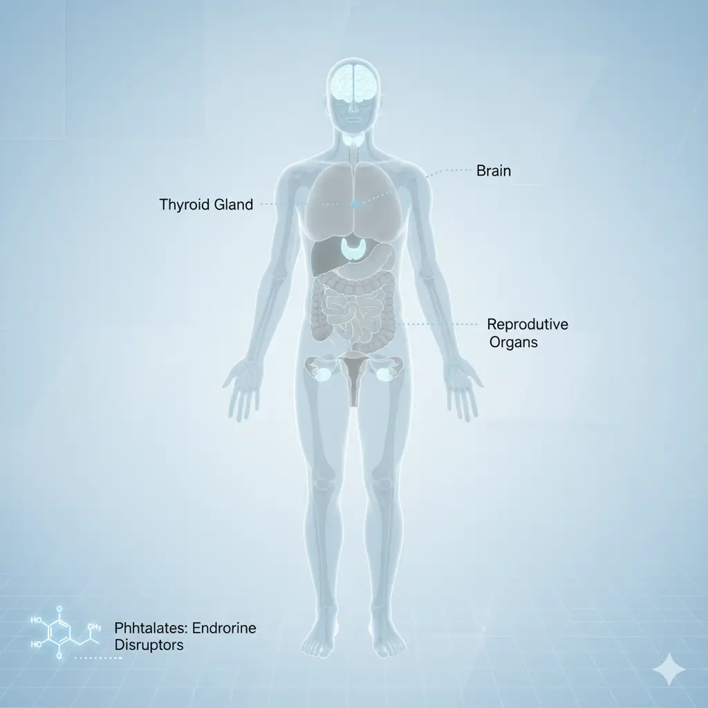 Human body diagram highlighting organ systems potentially affected by phthalate exposure including thyroid, reproductive organs, and brain