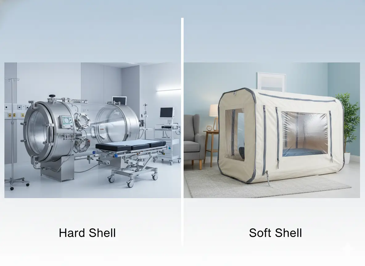 Side-by-side comparison of a steel hard shell hyperbaric chamber in a medical facility versus a flexible soft shell chamber for home use