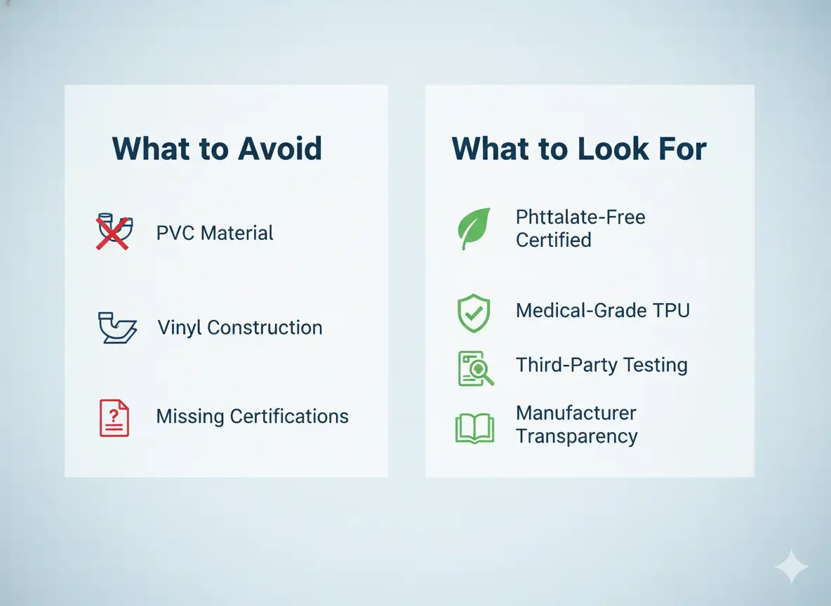 Checklist comparing unsafe HBOT chamber materials like PVC to safer alternatives like phthalate-free medical-grade TPU with certification icons