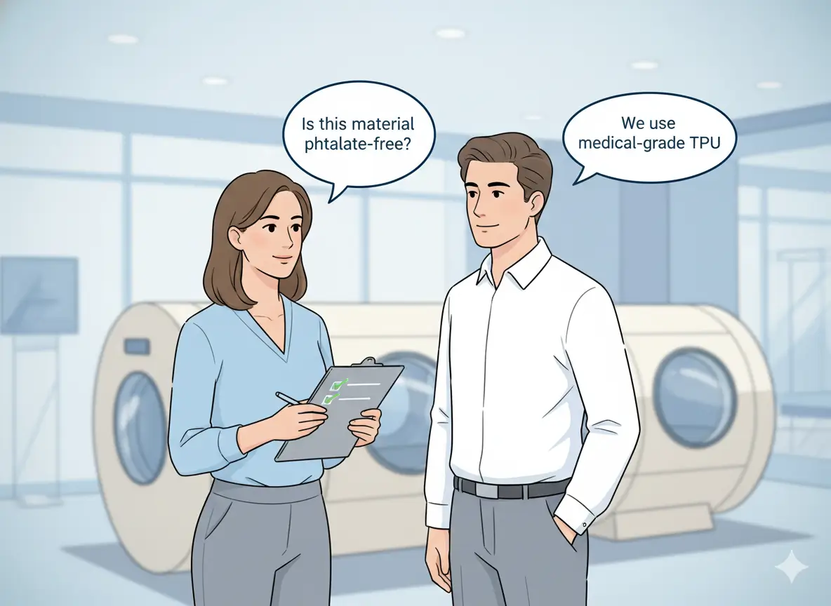 Consumer consulting with HBOT chamber manufacturer about material safety while holding a checklist with chamber visible in background