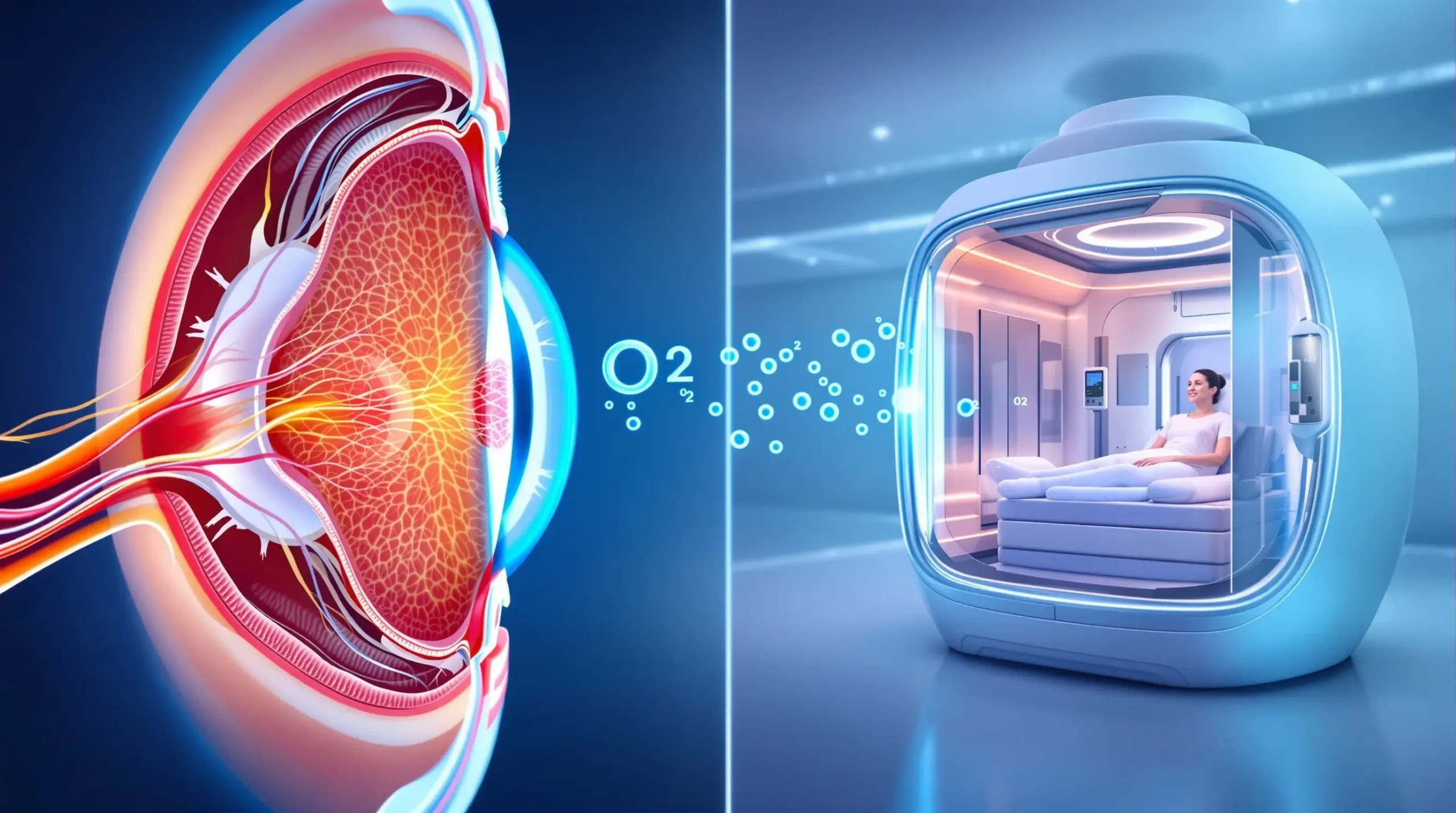 Medical illustration showing central retinal artery occlusion in eye anatomy with hyperbaric oxygen therapy chamber treatment for vision restoration