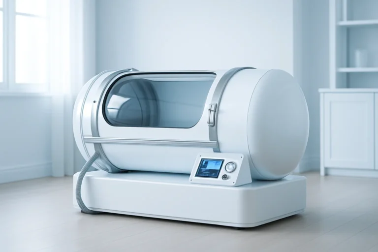 Modern hyperbaric oxygen chamber for home use in a clean, bright room.