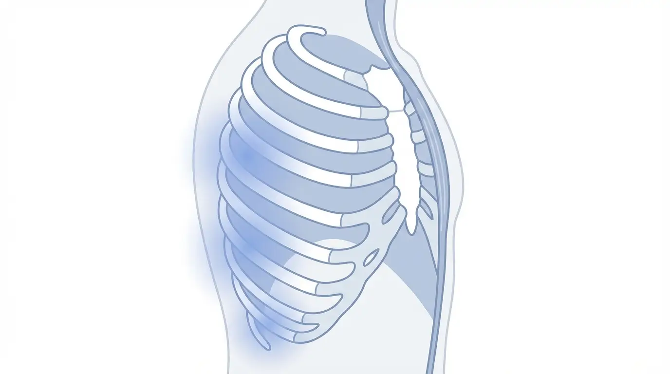 Anatomical cross-section of human ribs focused on left side chest wall
