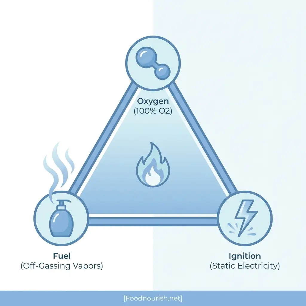 Fire triangle diagram showing the three elements that create fire risk in hyperbaric chambers: oxygen, off-gassing vapors as fuel, and static electricity as ignition source
