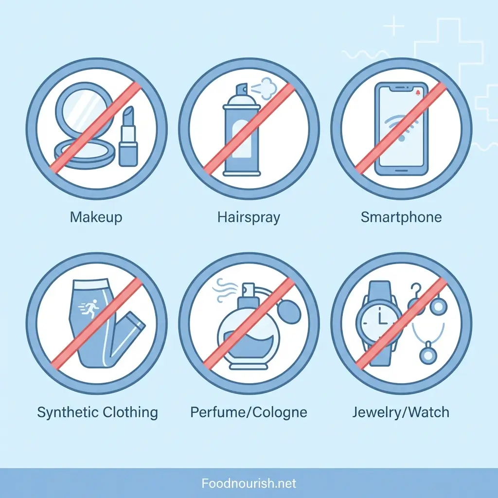 Infographic showing six prohibited items in hyperbaric chambers: cosmetics, hairspray, electronics, synthetic clothing, perfume, and jewelry