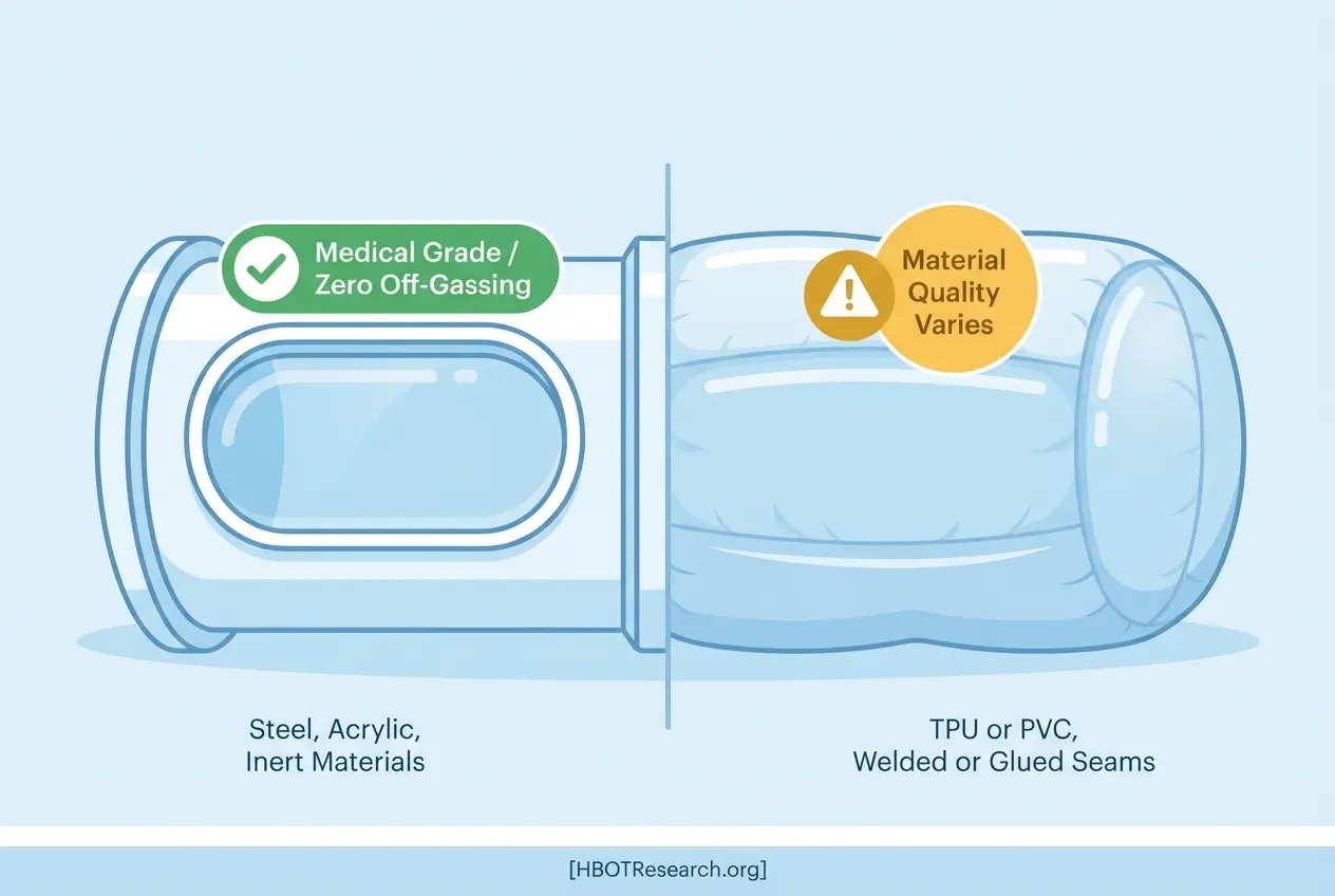 Side-by-side comparison of hard hyperbaric chamber made from steel and acrylic versus soft chamber made from flexible polymers