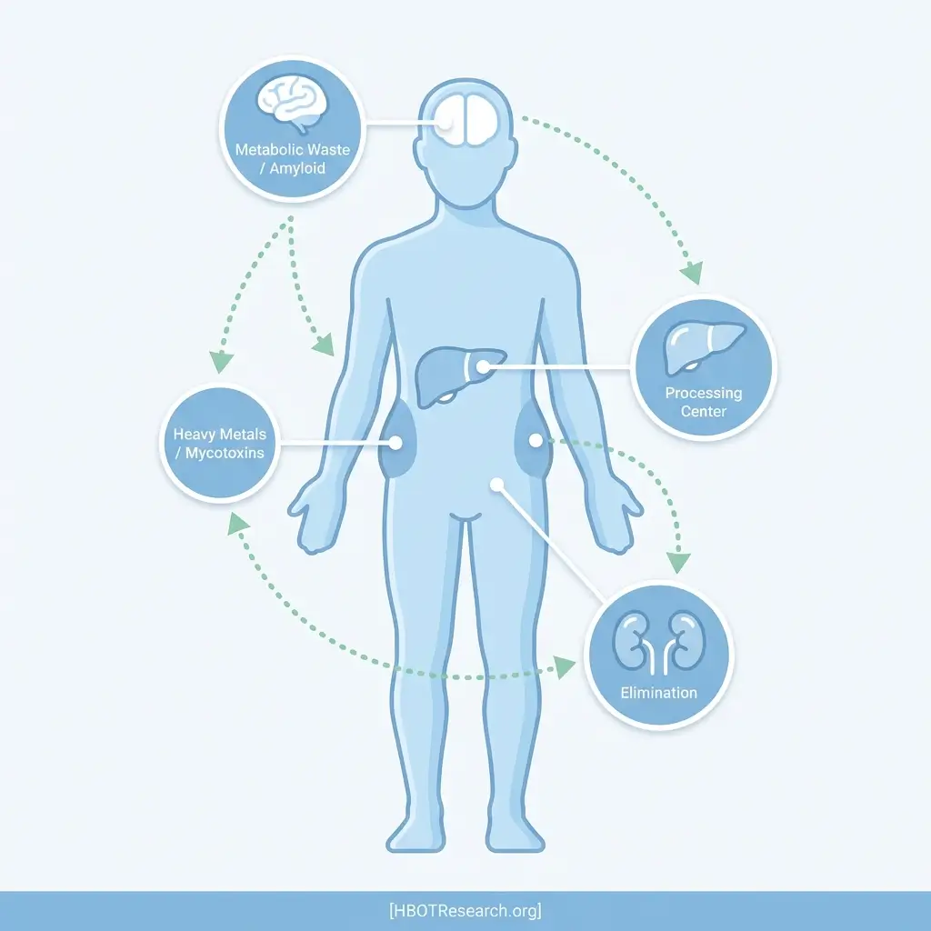 Human body diagram showing where toxins accumulate and the pathways they travel during HBOT detoxification toward liver and kidneys