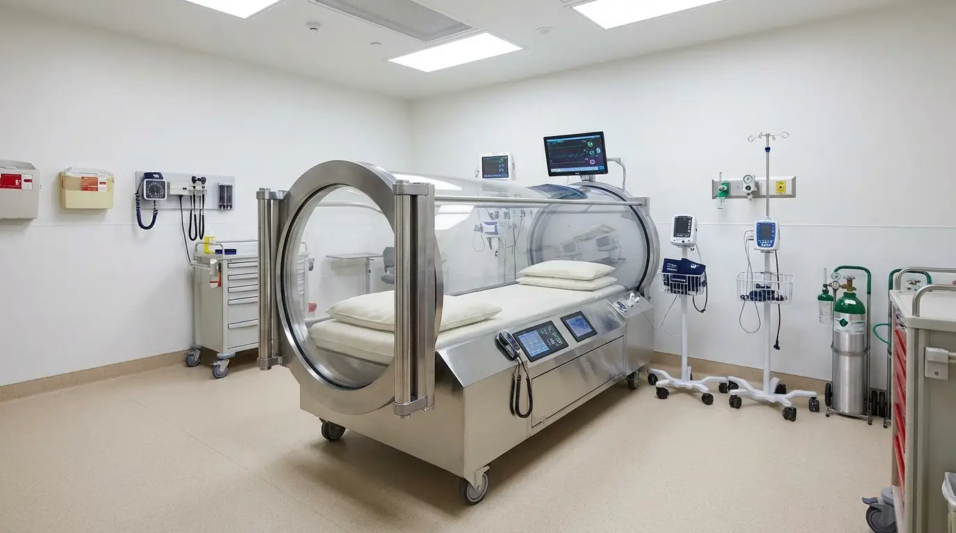 Modern hyperbaric oxygen therapy chamber in a hospital clinical setting with medical equipment and monitoring systems