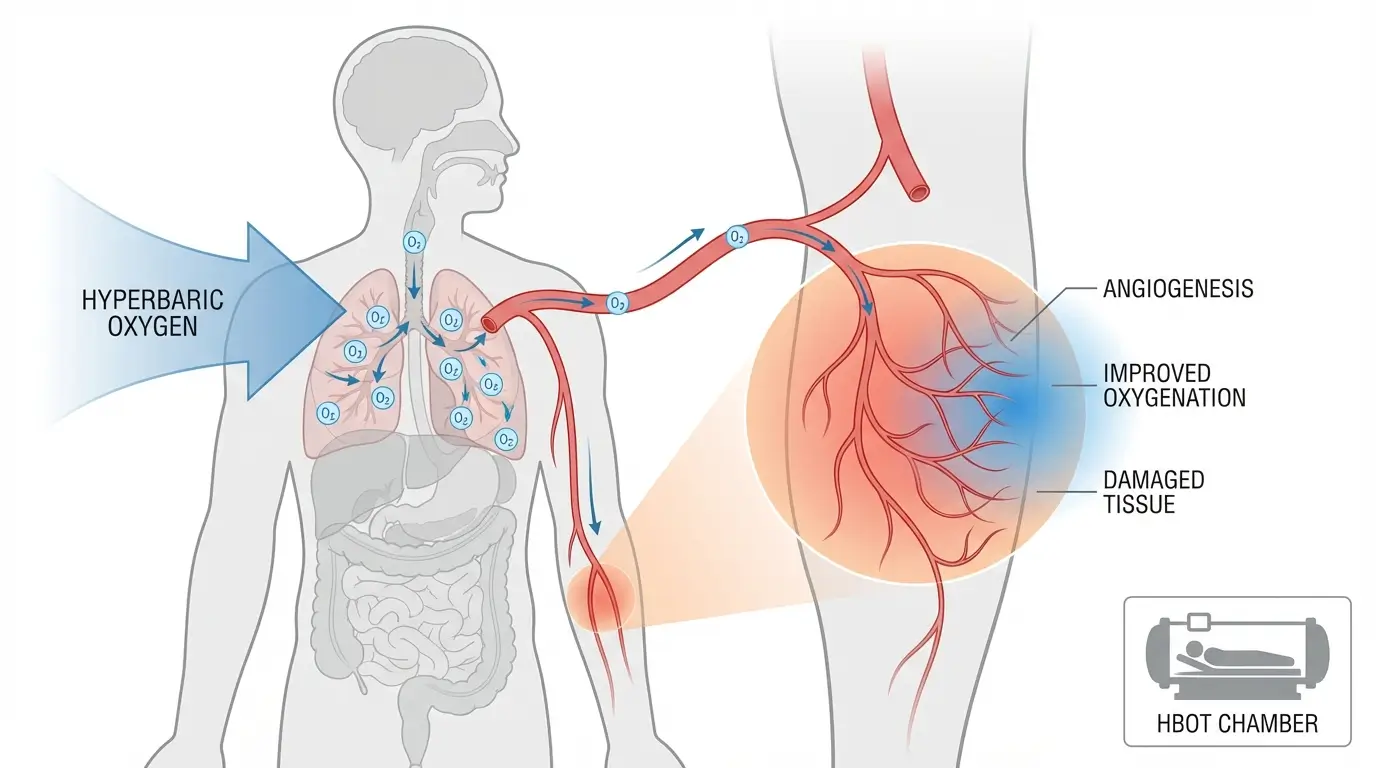 Diagram showing how hyperbaric oxygen therapy increases tissue oxygenation and promotes new blood vessel growth for wound healing