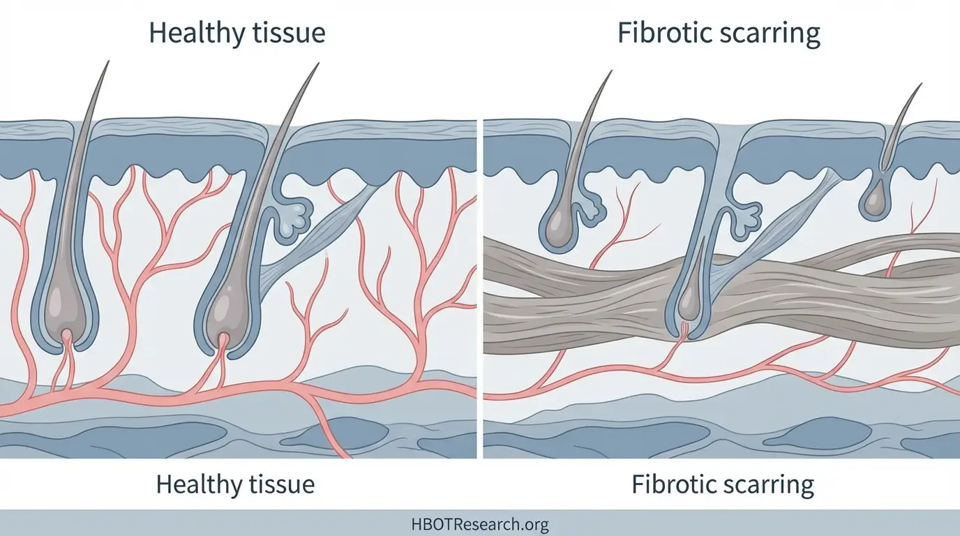 Medical illustration comparing healthy scalp tissue with normal blood vessels to fibrotic scarred tissue caused by ozone therapy complications