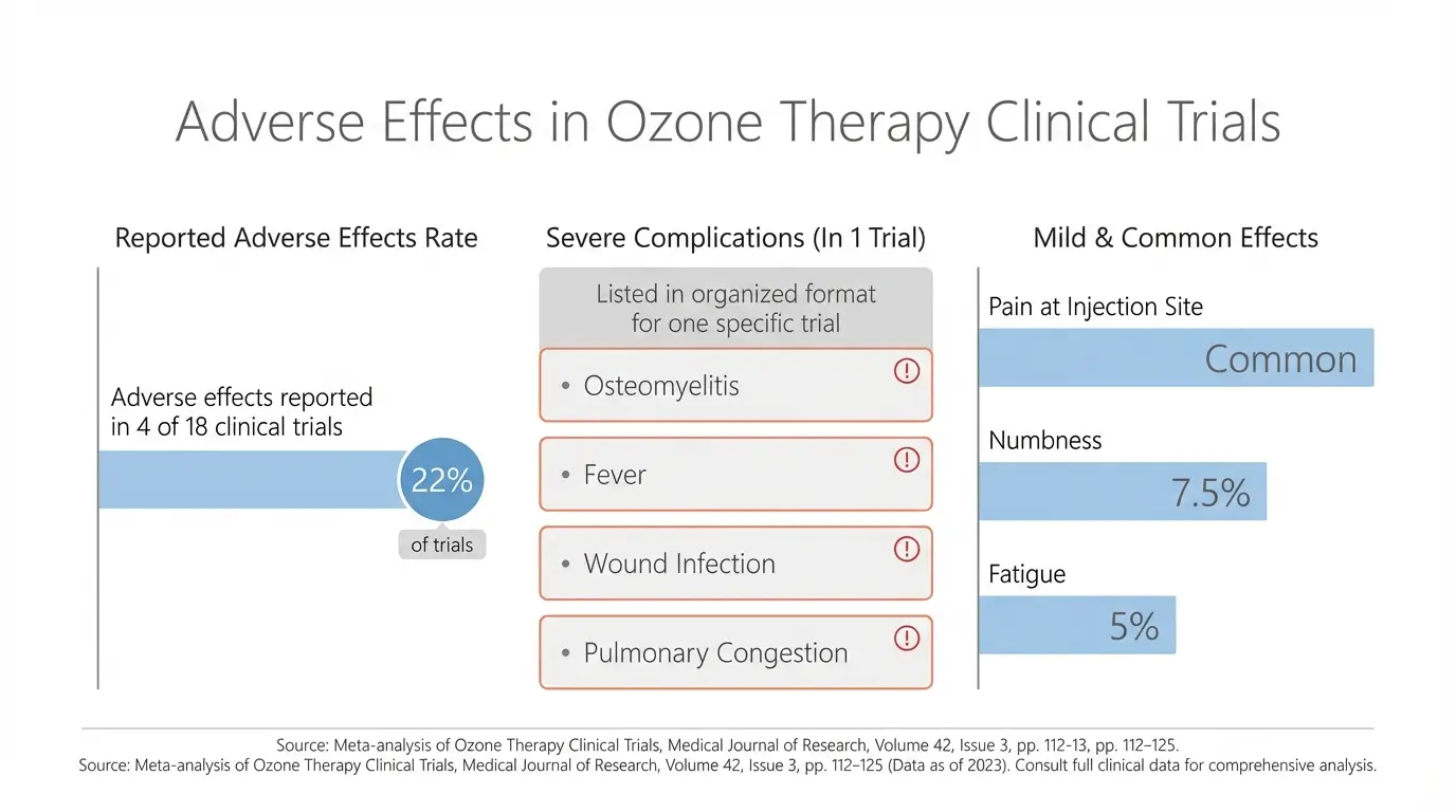 Infographic showing ozone therapy adverse effects data from systematic review including complication rates from 18 clinical trials