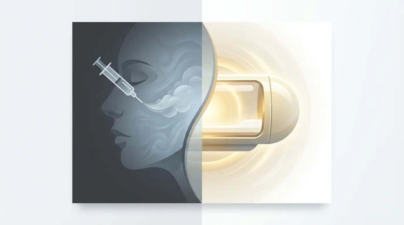 Medical illustration showing contrast between ozone therapy injection complications and hyperbaric oxygen chamber treatment for tissue repair