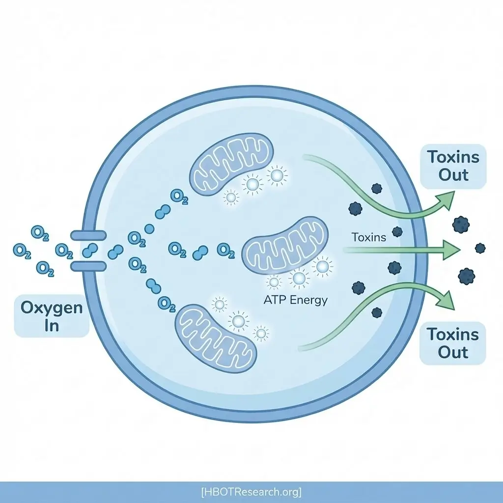 Diagram showing how oxygen enters cells, powers mitochondria to produce ATP energy, which then helps cells expel stored toxins