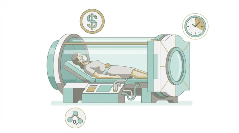 Patient inside a monoplace hyperbaric oxygen chamber with cost and time icons illustrating HBOT pricing factors
