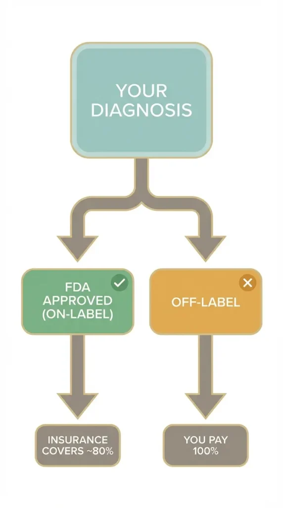 Flowchart showing how FDA approval status determines whether insurance covers hyperbaric oxygen therapy costs