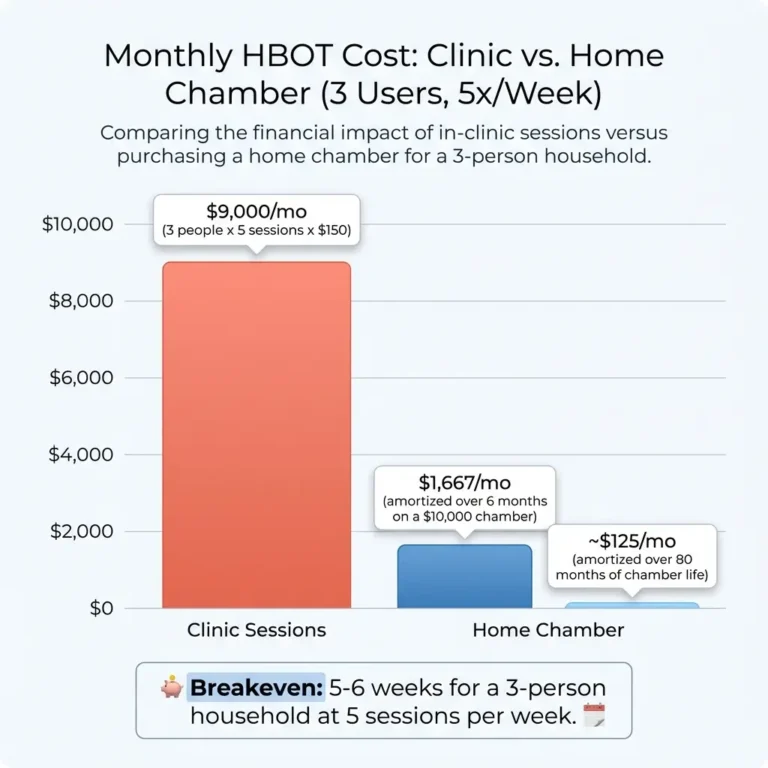 Grouped bar chart comparing monthly HBOT costs showing clinic sessions at 9000 dollars per month versus home chamber amortized at 1667 dollars over 6 months or 125 dollars over 80 months for a three-person household