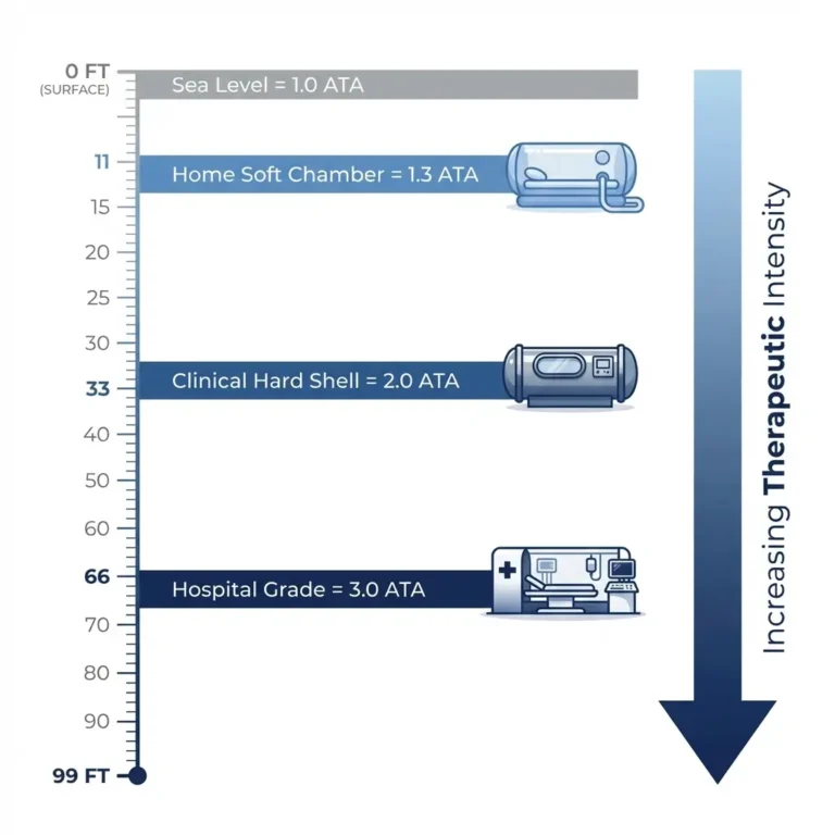 Vertical depth scale comparing ATA pressure levels for home soft chambers at 1.3 ATA, clinical hard shells at 2.0 ATA, and hospital grade systems at 3.0 ATA