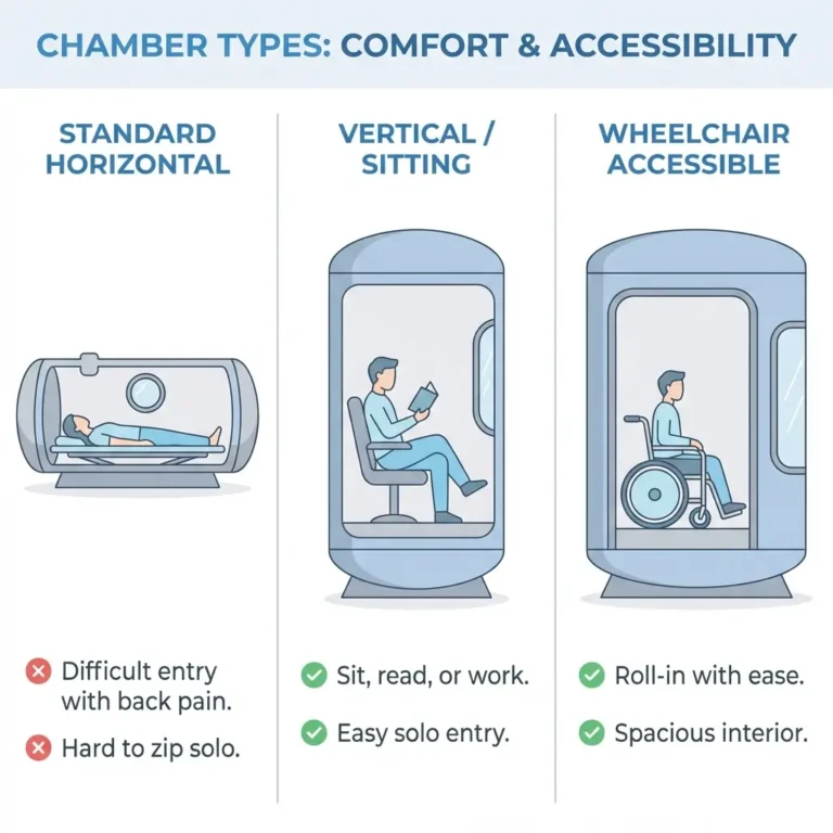 Three-panel comparison of horizontal tube chamber, vertical sitting chamber, and wheelchair accessible chamber showing entry methods and accessibility features